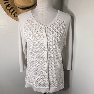 Coldwater Creek, crochet button, front cardigan, mixed media sleeves,and back
